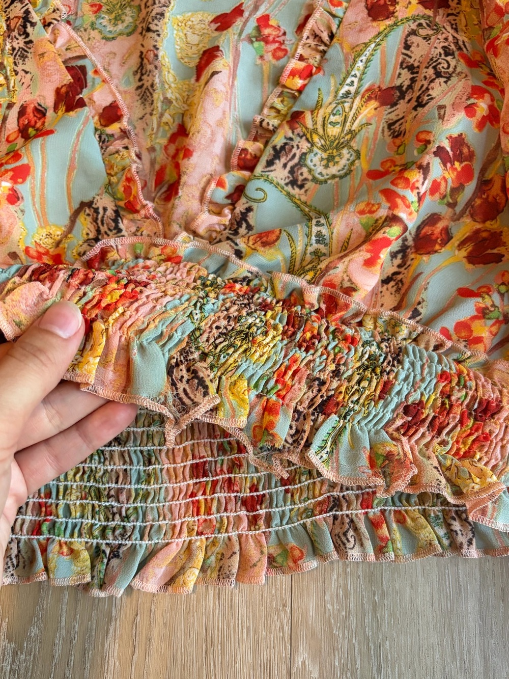 Sage & Coral Floral Smocked Cropped Peasant Top - Picture 6 of 13